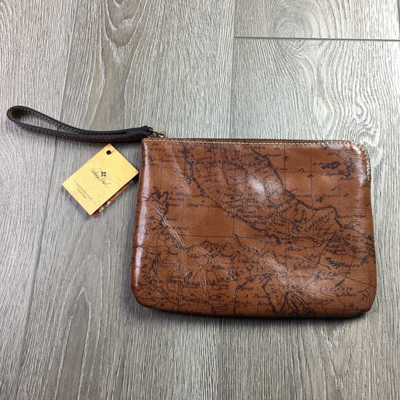 NWT Patricia Nash Riot Rust Map Zip Leather Pouch Wrist Wallet Brown - Picture 1 of 7